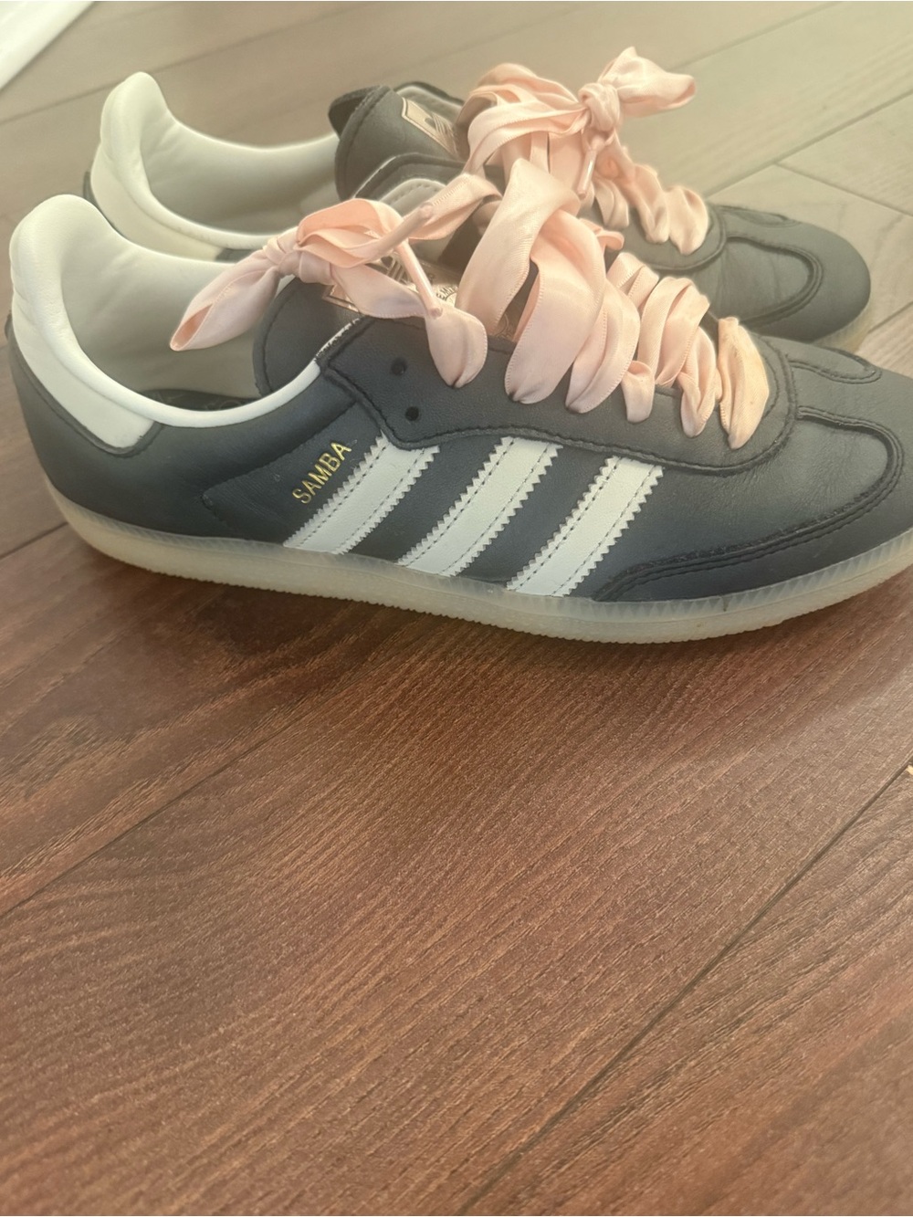 adidas Samba Sneakers — Metallic Navy with White Stripes & Pink Ribbon Laces